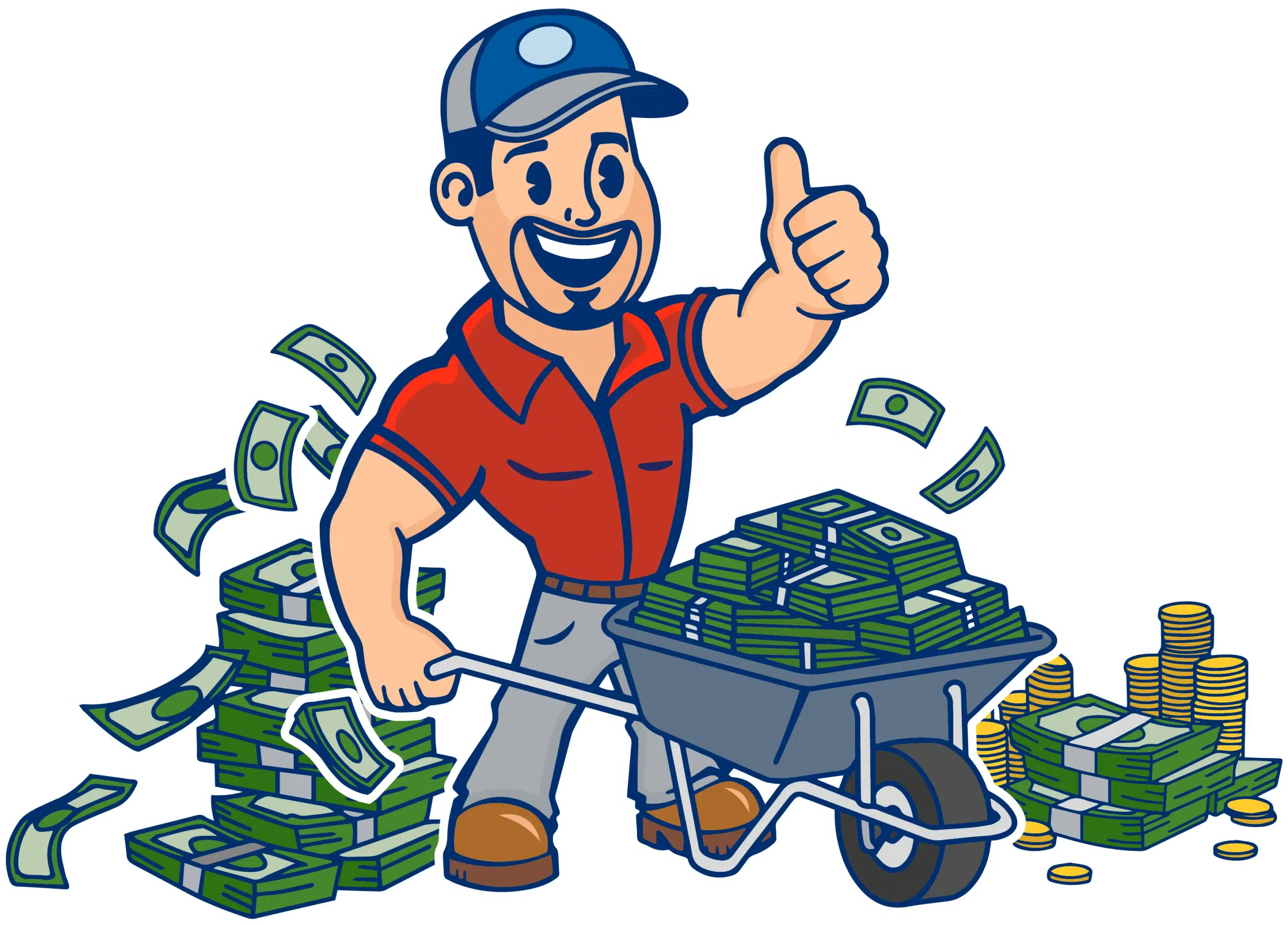 Jake with wheelbarrow of money