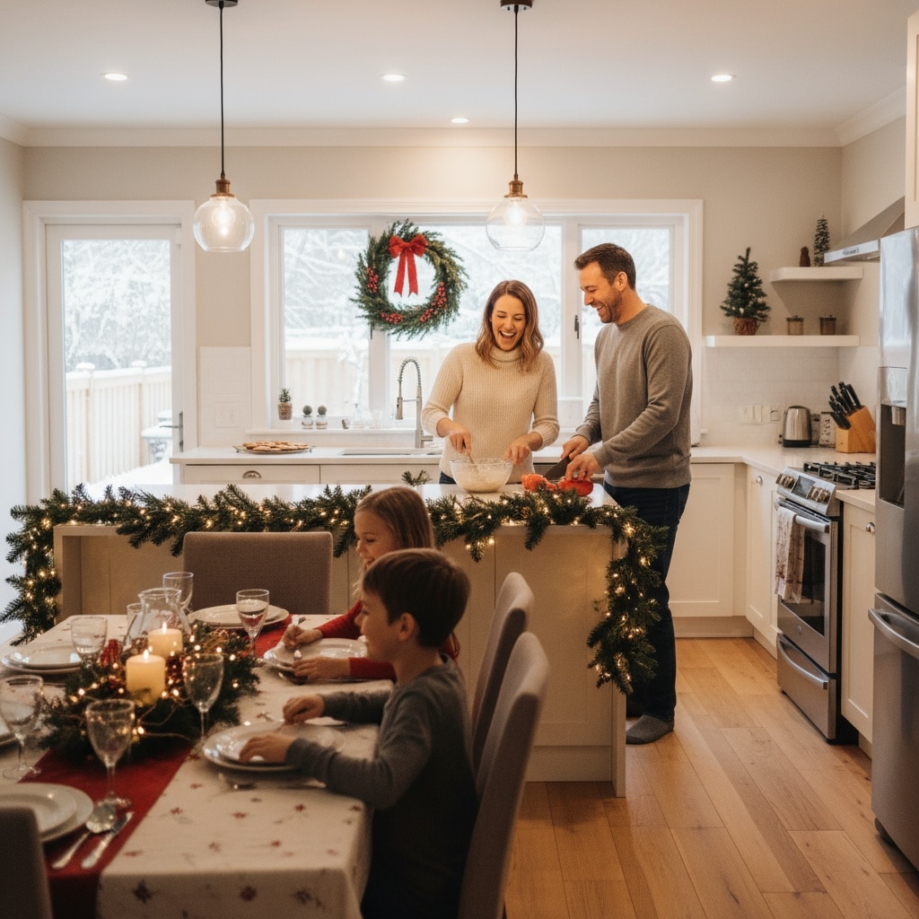 Family hosting holiday dinner in the kitchen Family in the kitchen laughing and enjoying time together during a holiday dinner.