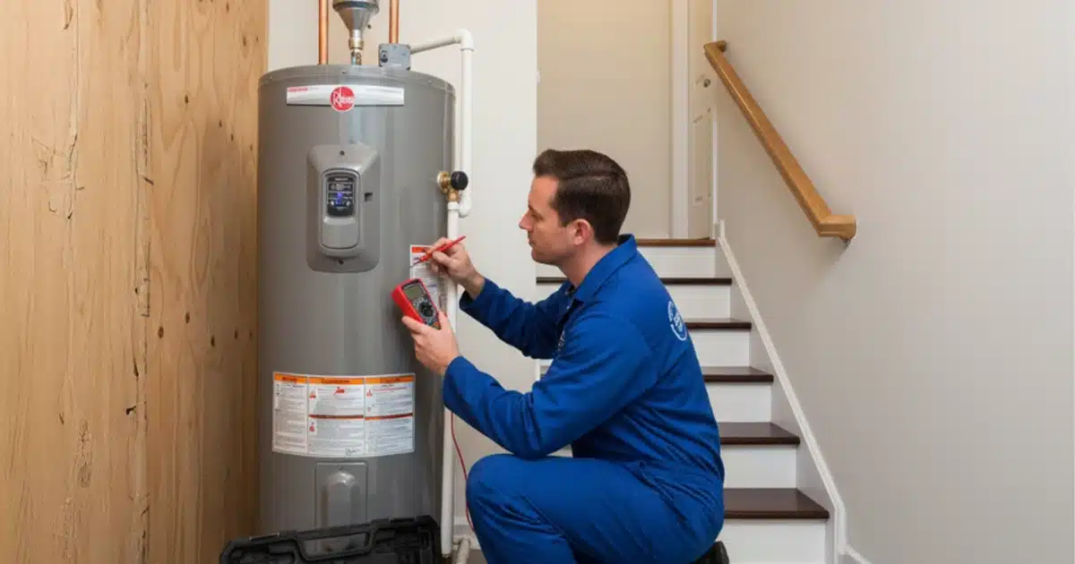 Technician performing water heater tune‑up in utility closet Technician performing water heater tune‑up in utility closet