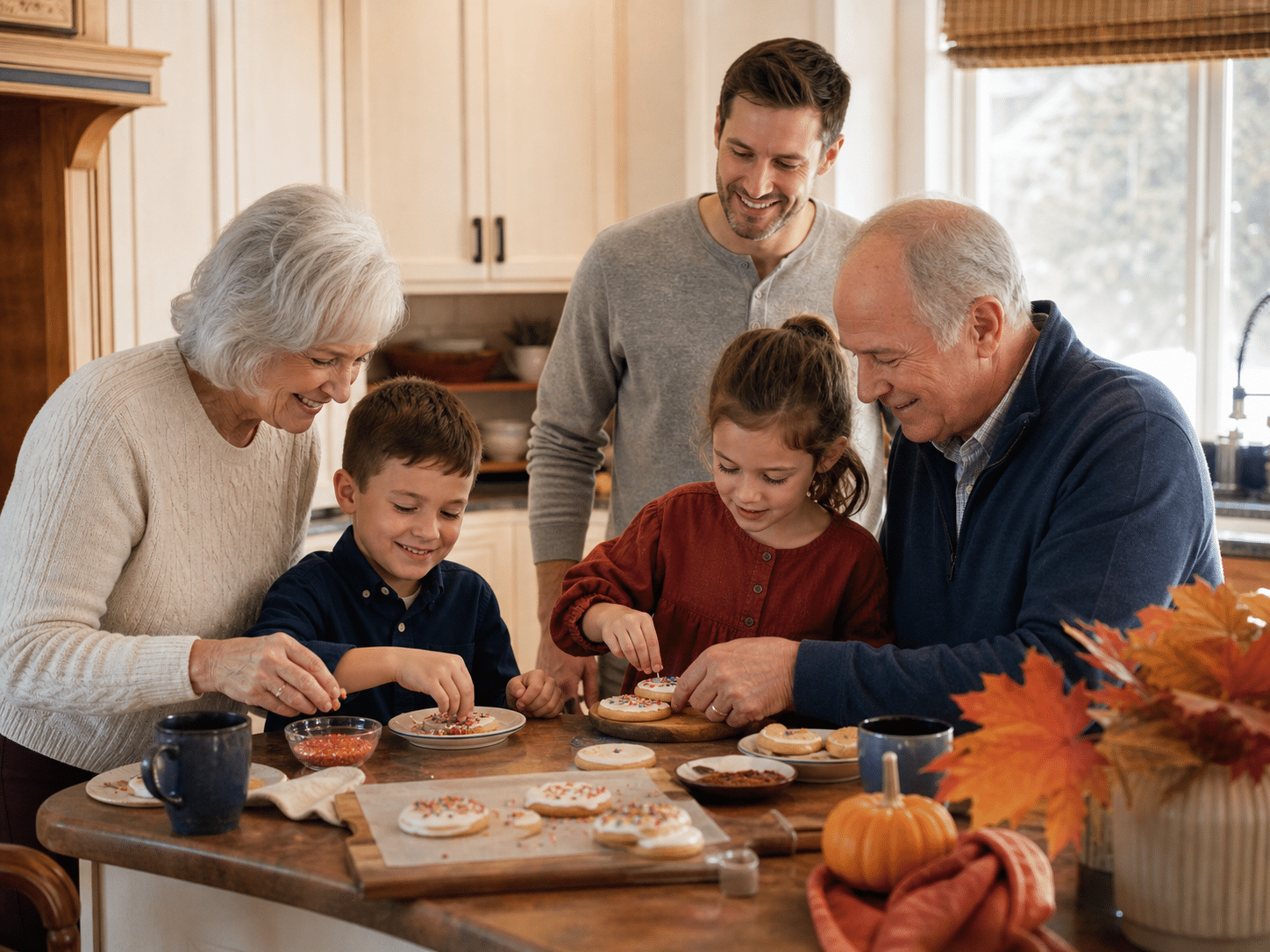 Grandparents and grandchildren preparing treats together in a warm residential kitchen